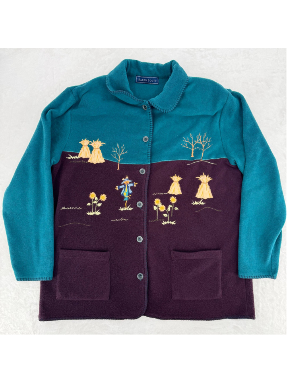 Vintage Fleece Shirt Jacket Fall Scarecrow Autumn Halloween Harvest Sunflower L